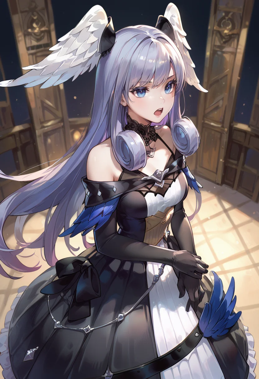 (score_9:0.9),score_8_up,score_7_up,rating_safe,anime style,(zPDXL),<lora:XB3 Melia Antiqua ponyXL v1:0.86>,melia antiqua xb3,1girl,solo,medium breasts,black elbow gloves,open mouth,black dress,bare shoulders,from above,black choker,