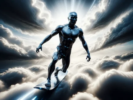 mad-chrm silver surfer flying through the clouds, energy trail, turbulence, motion blur, depth of field, cinematic shot, dramatic lighting, <lora:Chrome_SDXL:0.8> <lora:Above_the_Clouds_SDXL:0.6> mad-abvthclds, (masterpiece:1.2), best quality
