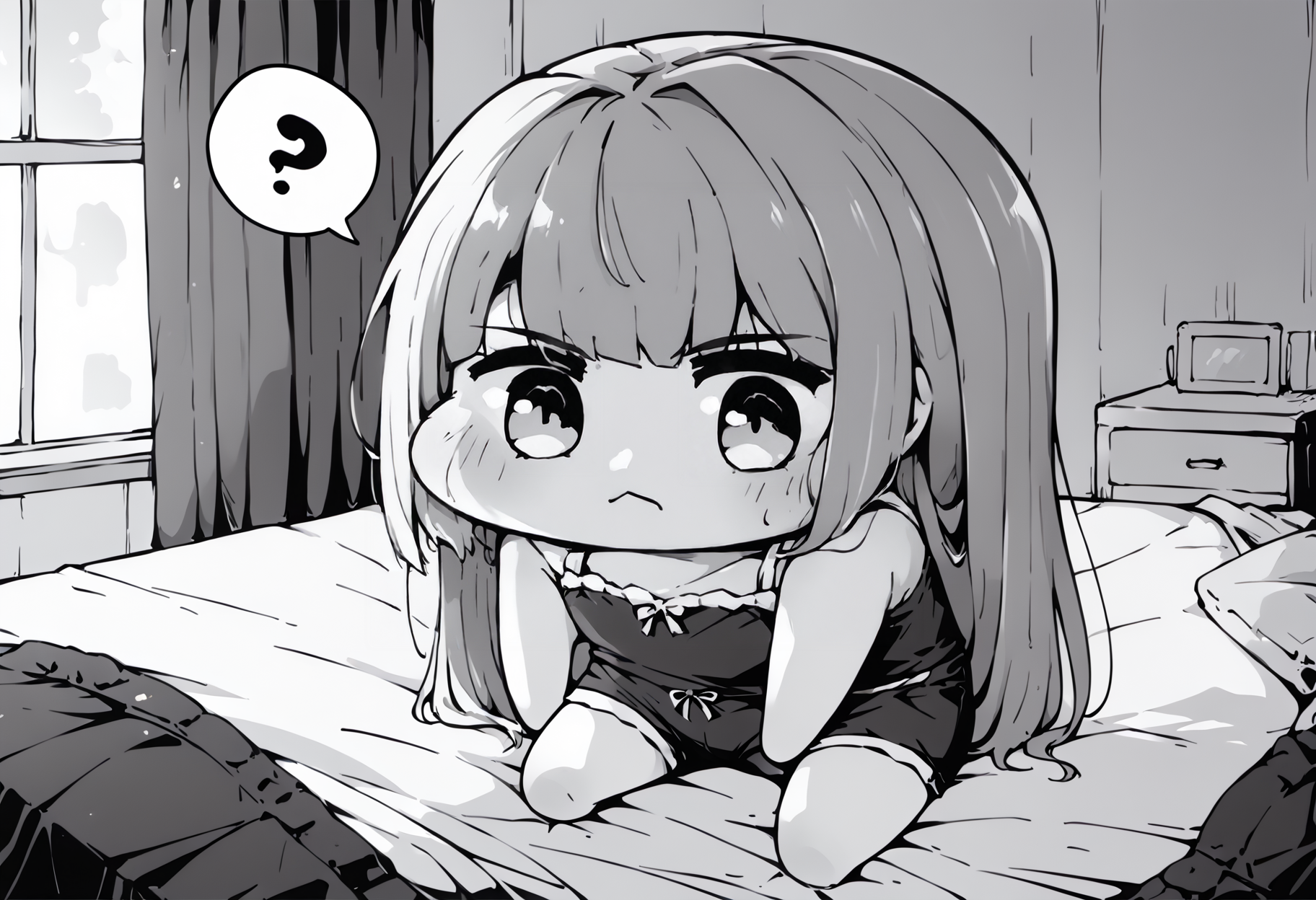 score_9, score_8_up, score_7_up, score_6_up, score_5_up, score_4_up, source_anime, uncensored, zPDXLxxx, <lora:intricate_details:1> intricate_details_xl, indoors, bedroom, on bed, 
<lora:Sister_Monochrome_Fantasy_v1.1:0.8> imouto, sister, 1girl, solo, monochrome, greyscale, long hair, camisole, shorts,  <lora:Doro_X_PDXL_V1:1> doro, creature, :3, chibi, no humans, four legs, solid circle eyes, no pupils, (spoken question mark:1.1), light frown,