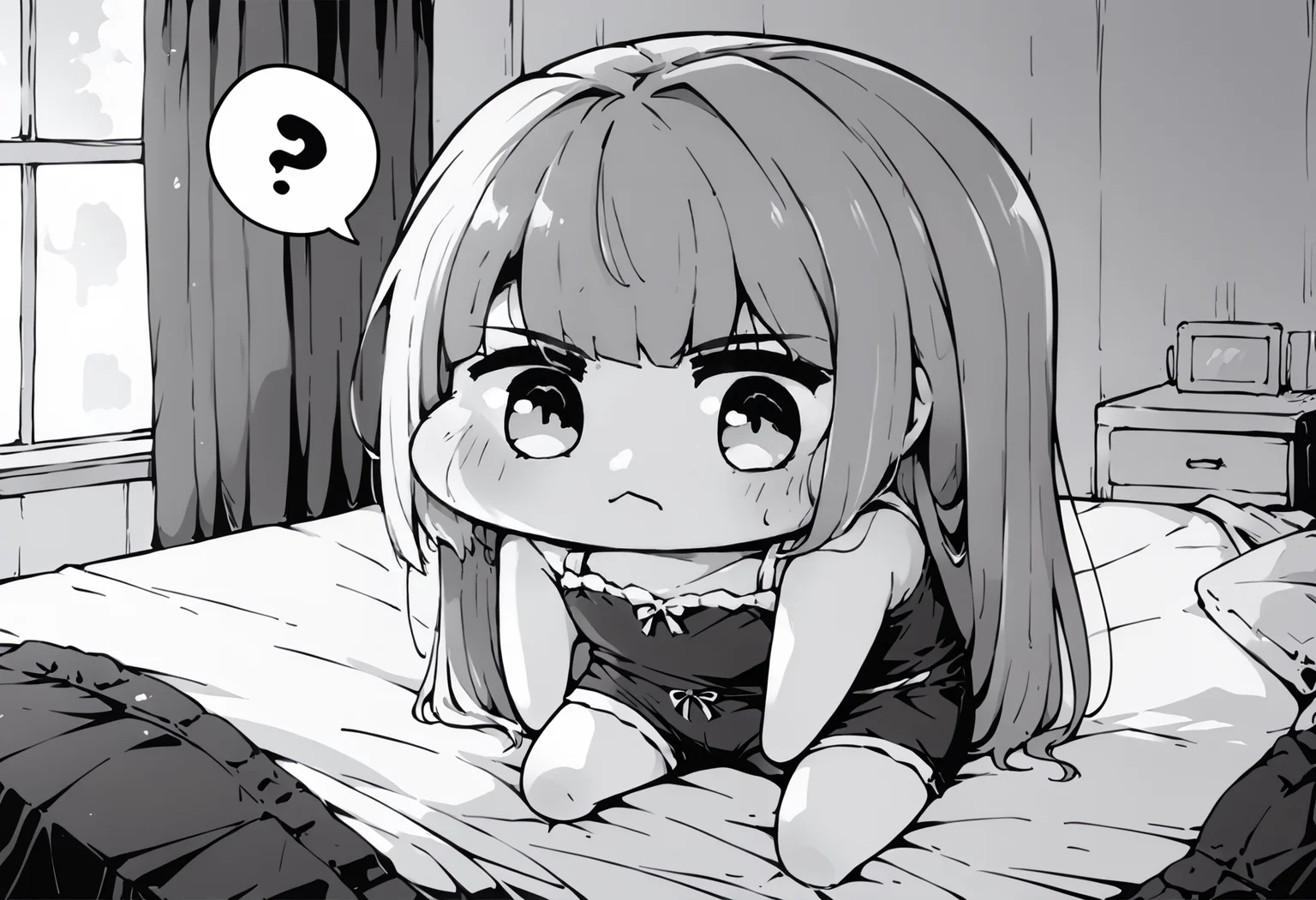 score_9, score_8_up, score_7_up, score_6_up, score_5_up, score_4_up, source_anime, uncensored, zPDXLxxx, <lora:intricate_details:1> intricate_details_xl, indoors, bedroom, on bed,
<lora:Sister_Monochrome_Fantasy_v1.1:0.8> imouto, sister, 1girl, solo, monochrome, greyscale, long hair, camisole, shorts, <lora:Doro_X_PDXL_V1:1> doro, creature, :3, chibi, no humans, four legs, solid circle eyes, no pupils, (spoken question mark:1.1), light frown,