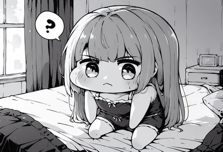 score_9, score_8_up, score_7_up, score_6_up, score_5_up, score_4_up, source_anime, uncensored, zPDXLxxx, <lora:intricate_details:1> intricate_details_xl, indoors, bedroom, on bed,
<lora:Sister_Monochrome_Fantasy_v1.1:0.8> imouto, sister, 1girl, solo, monochrome, greyscale, long hair, camisole, shorts, <lora:Doro_X_PDXL_V1:1> doro, creature, :3, chibi, no humans, four legs, solid circle eyes, no pupils, (spoken question mark:1.1), light frown,