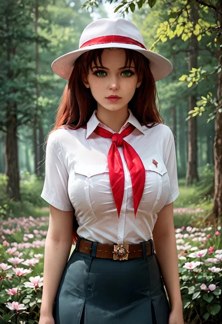 score_9, score_8_up, score_7_up,
forest, outdoors,
1girl, olga dmitrievna,
long hair,brown hair,1girl,solo,green eyes,looking at viewer,big breasts,shirt,red tie,hat,belt,skirt,tree, outdoors,cherry blossoms