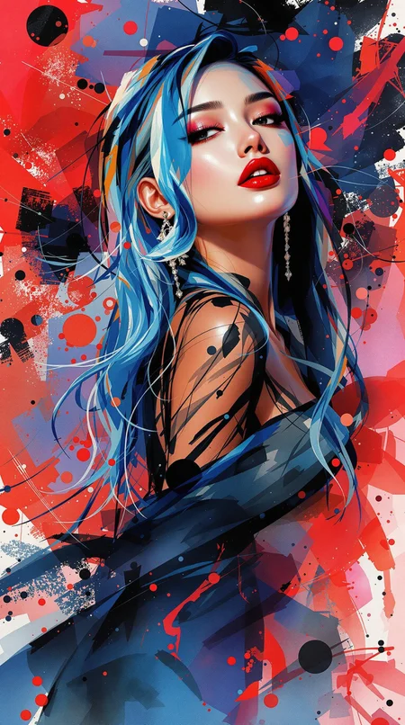 magnificent, abstract watercolour image in the style of a movie poster, crisp lines, high photorealism, image from below and to the side of a stunning oriental young woman, long blue hair with multicoloured highlights, red lips, dark eyeshadow, wearing an avant-garde silk dress, long earrings, directional lighting, abstract background, sensual, sexy, seductive, erotic