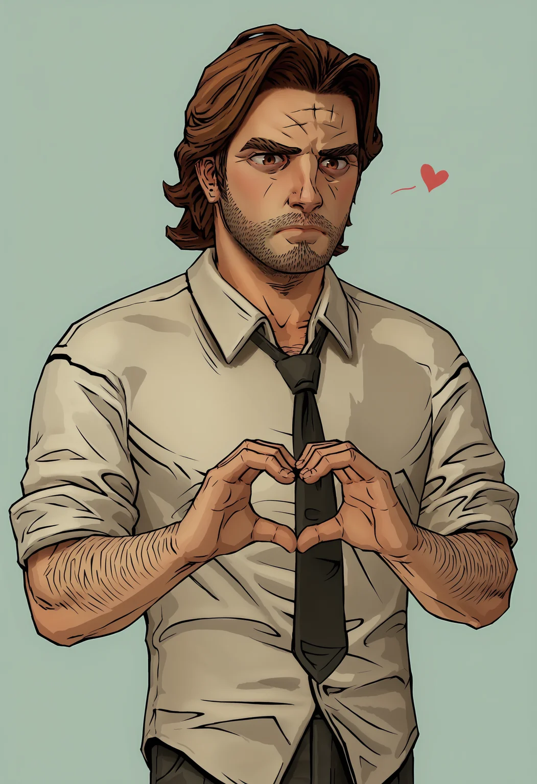 score_9, score_8_up, score_7_up, score_6_up, score_5_up, score_4_up, 1boy, <lora:BigbyWolf:0.85> solo, brown hair, facial hair, brown eyes, stubble, shirt, pants, black necktie, collared shirt, arm hair, standing, upper body, heart hands, blush, embarrassed,
(light blue background), simple background,