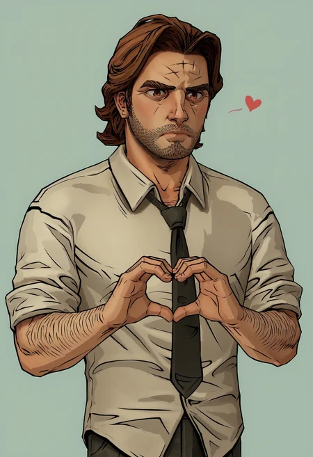 score_9, score_8_up, score_7_up, score_6_up, score_5_up, score_4_up, 1boy, <lora:BigbyWolf:0.85> solo, brown hair, facial hair, brown eyes, stubble, shirt, pants, black necktie, collared shirt, arm hair, standing, upper body, heart hands, blush, embarrassed,
(light blue background), simple background,