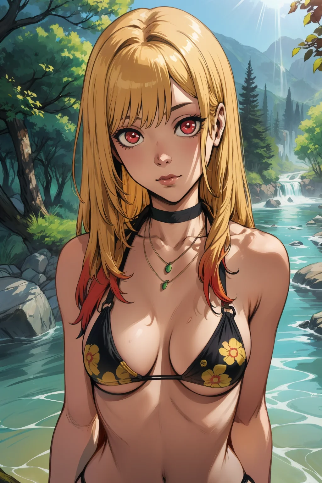 1girl, (solo:1.2), (looking at viewer:1.5), (upper body:1.5), (walking:1.2), (cowboy shot:1.5), (masterpiece:1.3), (best quality:1.3), (perfect anatomy:1.4), highly detailed, (secluded river scenery:1.2), (sunlight through trees:1.3), daylight,natural rock formations, nature,, <lora:Kitagawa Marin [h_madoka - v1.0]:0.75> kitagawa marin, large breasts, (blonde hair:1.4), long hair, multicolored hair, (red eyes:1.3), jewelry, (small necklace:1.3), choker, black bikini, floral print, bracelet, side-tie bikini bottom, bare arms, bare shoulders, (bikini only:1.3), <lora:Hews [MockAi - v1.0]:1> hews, (sketchy artstyle:1.3), (muted colors:1.2), simplified shading, (saturated hues:1.2)