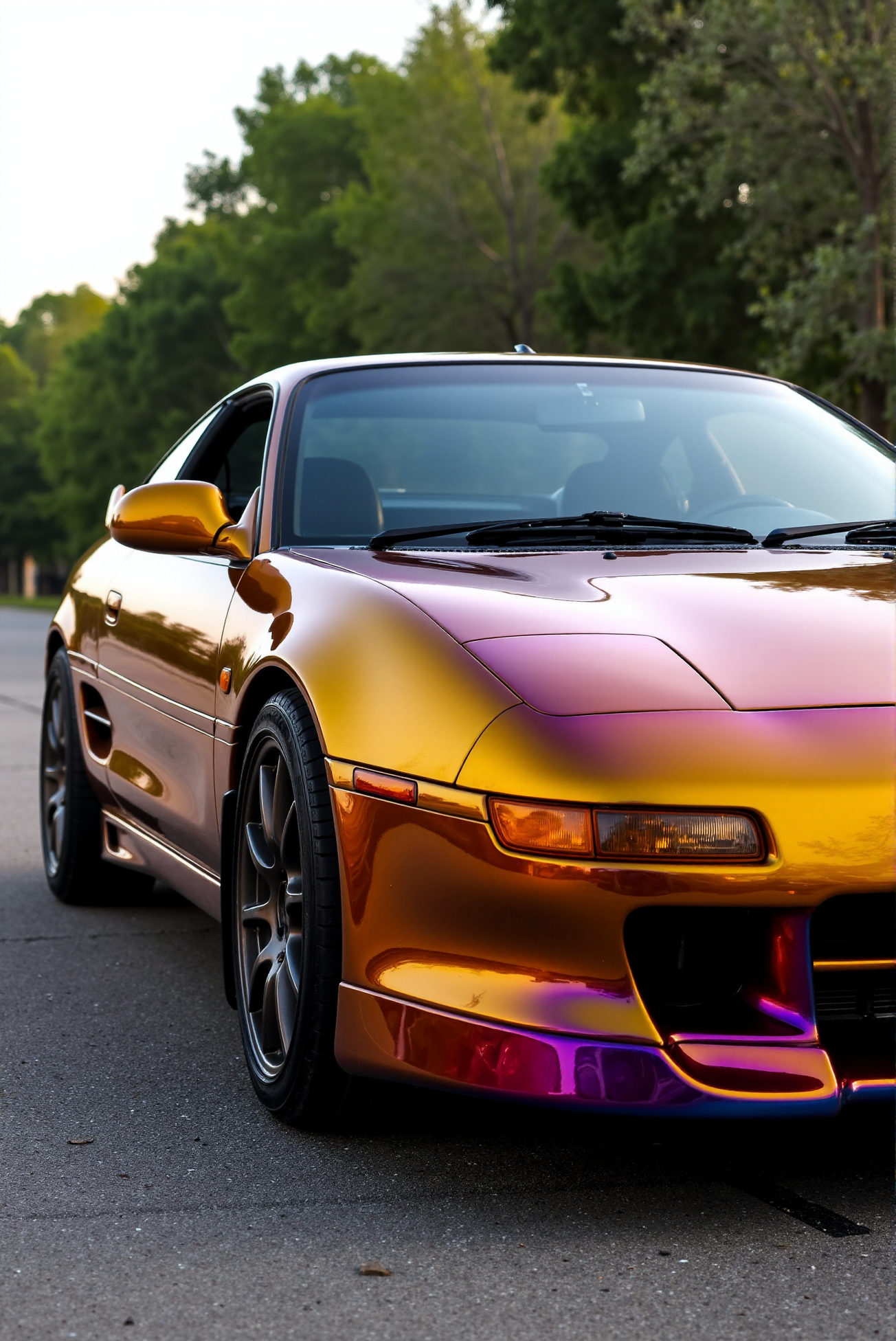 <lora:Toyota_MR2_SW20:0.8>
(From a side view of A Toyota MR2 (SW20) from late '90:1.2). High-fluorescence chameleon wrap shifting through golden bronze, burnt orange, violet, and deep plum tones, coated in ultra-gloss clear that mirrors the sky, trees, and pavement with crystal-sharp reflection. The colors cascade diagonally across the bodywork with tight panel transitions and fluid motion, revealing subtle metallic flake under intense sunlight. Every panel radiates with oil-slick luminosity, anchored by blacked-out trim and shadowed vents that contrast the iridescent blaze. The finish evokes a heat-treated titanium aesthetic, merging modern aggression with luxury sheen in a bold, saturated flow.