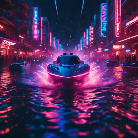 A futuristic powerboat race where the entire waterway is composed of Liquid Marble, shifting in iridescent reds, neon pinks, and cyberpunk blues. 