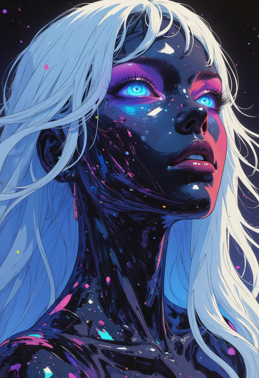in the style of cksc, 
 
In this hyper-detailed 70s anime aesthetic, a close-up portrait reveals a stunning woman with ethereal,flowing white hair cascading around her face. Her neon pastel eyes glow vividly, creating a stark contrast against the melting black marble that flows elegantly from her visage. Holographic iridescent liquid drips gracefully down her body, shimmering like liquid glass, catching and reflecting soft ambient light. The dynamic pose exudes strength and allure, with intricate details capturing every curve and fold. The background is a mesmerizing blend of dark hues with scattered neon particles, adding depth and magic to the scene. Soft, surreal lighting casts an otherworldly glow, illuminating her in warm, romantic tones. The composition is symmetrically balanced, radiating a rich, mystical energy that feels both futuristic and dreamlike. It's a breathtaking, almost scientific fusion of art and technology, where elegance and surrealism converge in a vibrant, cinematic moment..

  
The background is minimalist, a gradient of shadowy blue tones, amplifying the ethereal and futuristic ambiance of the scene.
The overall composition feels cinematic, science fiction aesthetic. 

 An otherworldly atmosphere.  gray-silver color scheme. Epic.
monumental,  Otherworldly atmosphere.  iridescent lens flare.
(Depth of field), low saturation, detail. mythp0rt, Stylish, charismatic.





