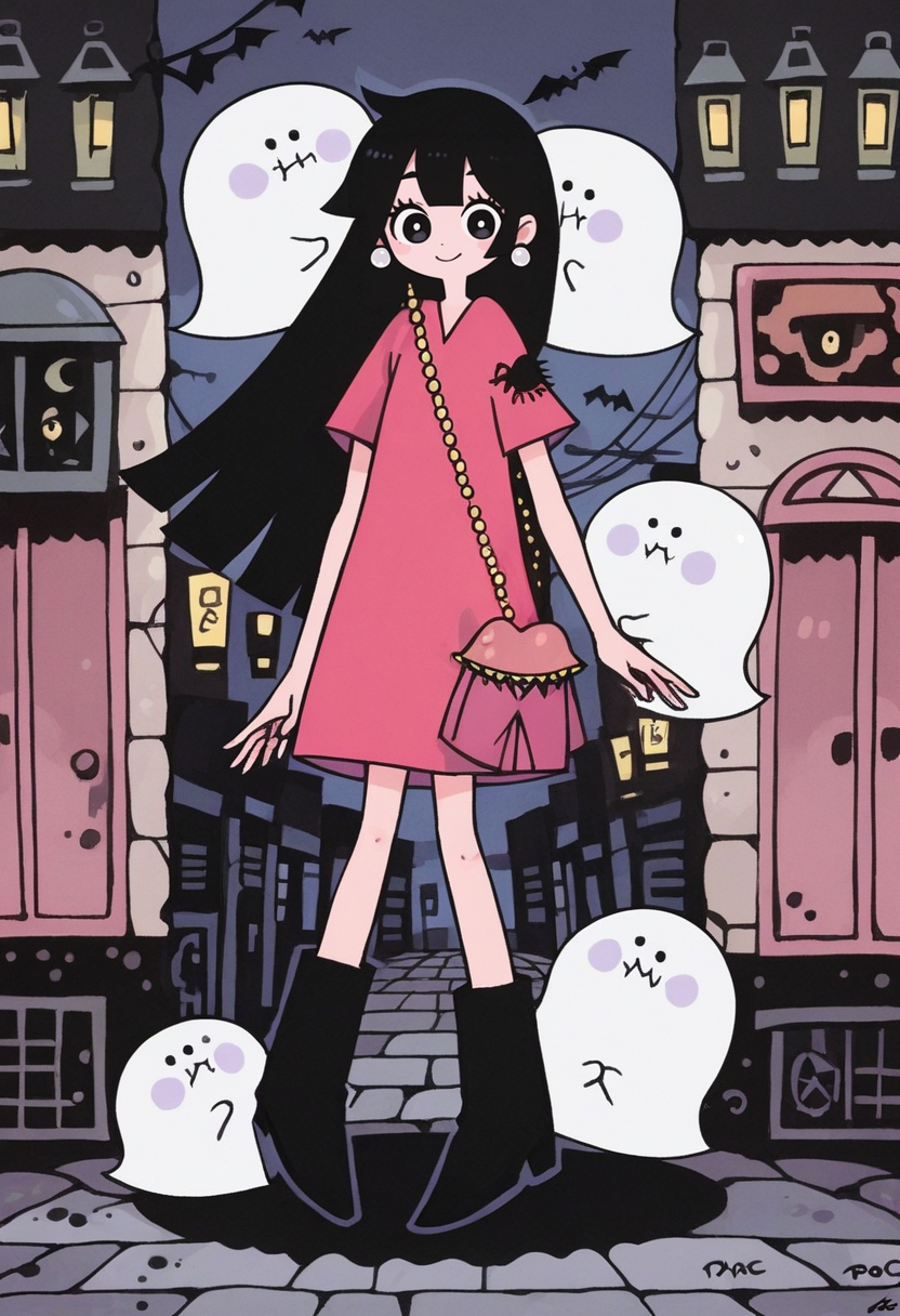 score_9, score_8_up, score_7_up, score_6_up, score_5_up,  garouma, 1girl, black hair, ghost, long hair, jewelry, earrings, black footwear, short sleeves, dress, smile, boots, solo, black eyes, bag, shoulder bag, pink dress, full body, bangs, looking at viewer, <lora:garoumaXLP:1>