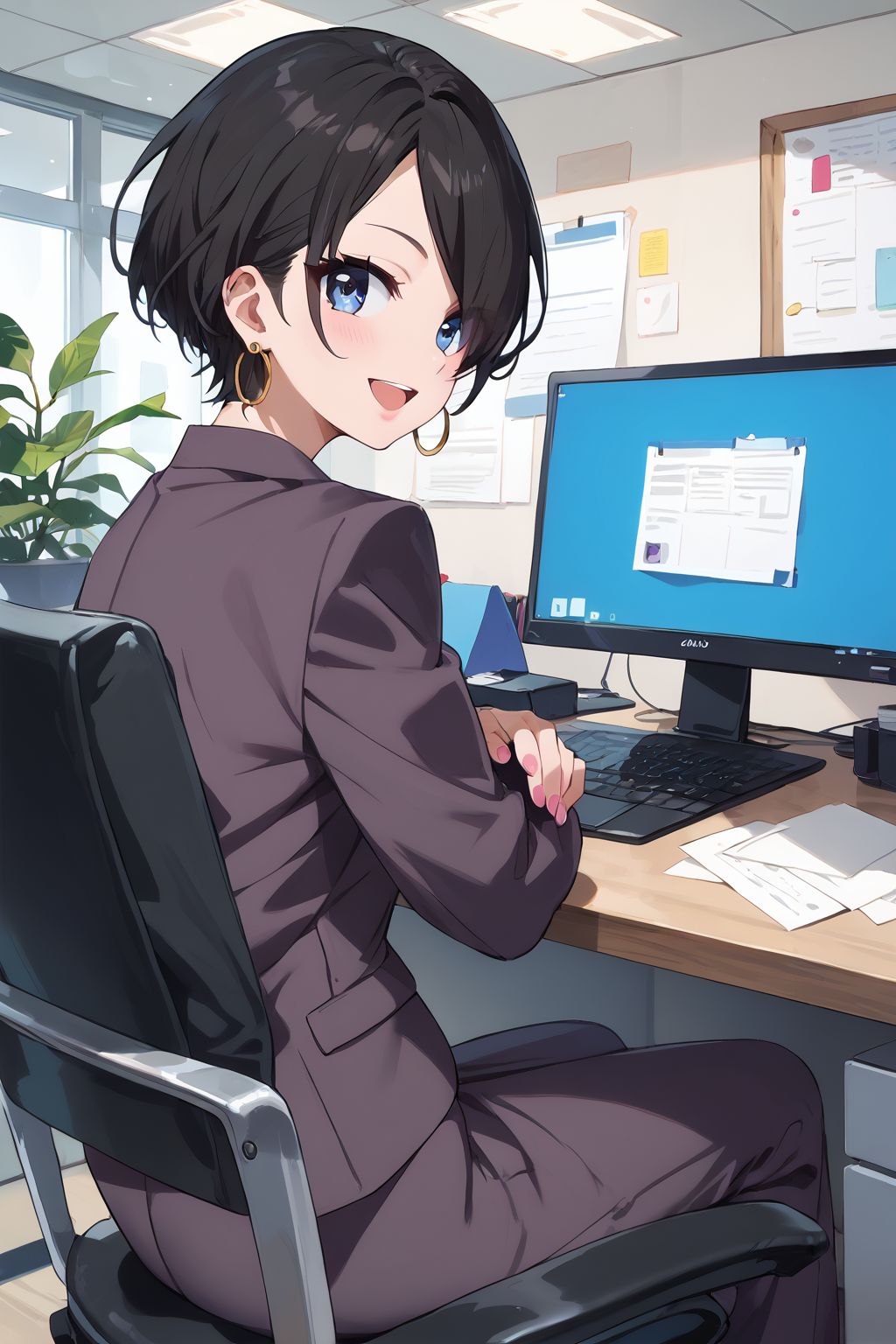 score_9, score_8_up, score_7_up, , source_anime,  okitsuyuka, solo, earrings, black hair, short hair, suit, looking at viewer, 1girl, blue eyes, jacket,, collarbone, pants, , best quality, masterpiece,, hair over one eye, , office, smile,    <lora:okitsuyuka_pony:1>black shirt,  , from behind,  looking back,  sitting,  office chair,   (open mouth:0.5),