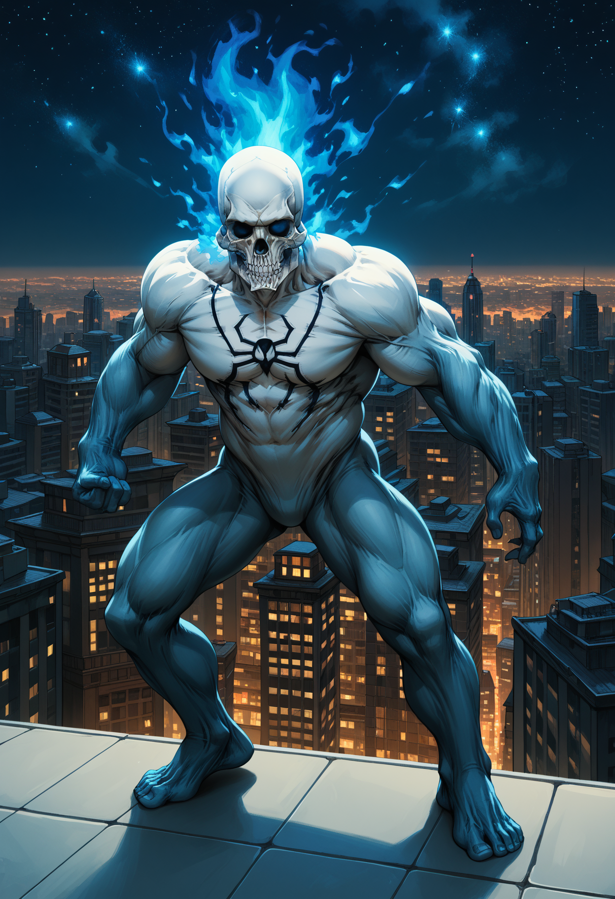 zPDXL3, score_9, score_8_up, score_7_up, (detailed face, detailed body, detailed background, perfect anatomy, masterpiece, high quality, best quality), rating_safe, outside, starry sky, night, rooftop, skyscraper, cityscape BREAK full-length portrait, three-quarter view, skull head, spiritsuit, blue fire head, muscular, big pecs, broad shoulders, thick thighs, action pose, hand, 5 fingers <lora:detailed_notrigger:1> <lora:SpiritSuit_MarvelsSpider-Man_V1:0.8> <lora:hand 4:1> <lora:d3t41l3dXLP:0.3>