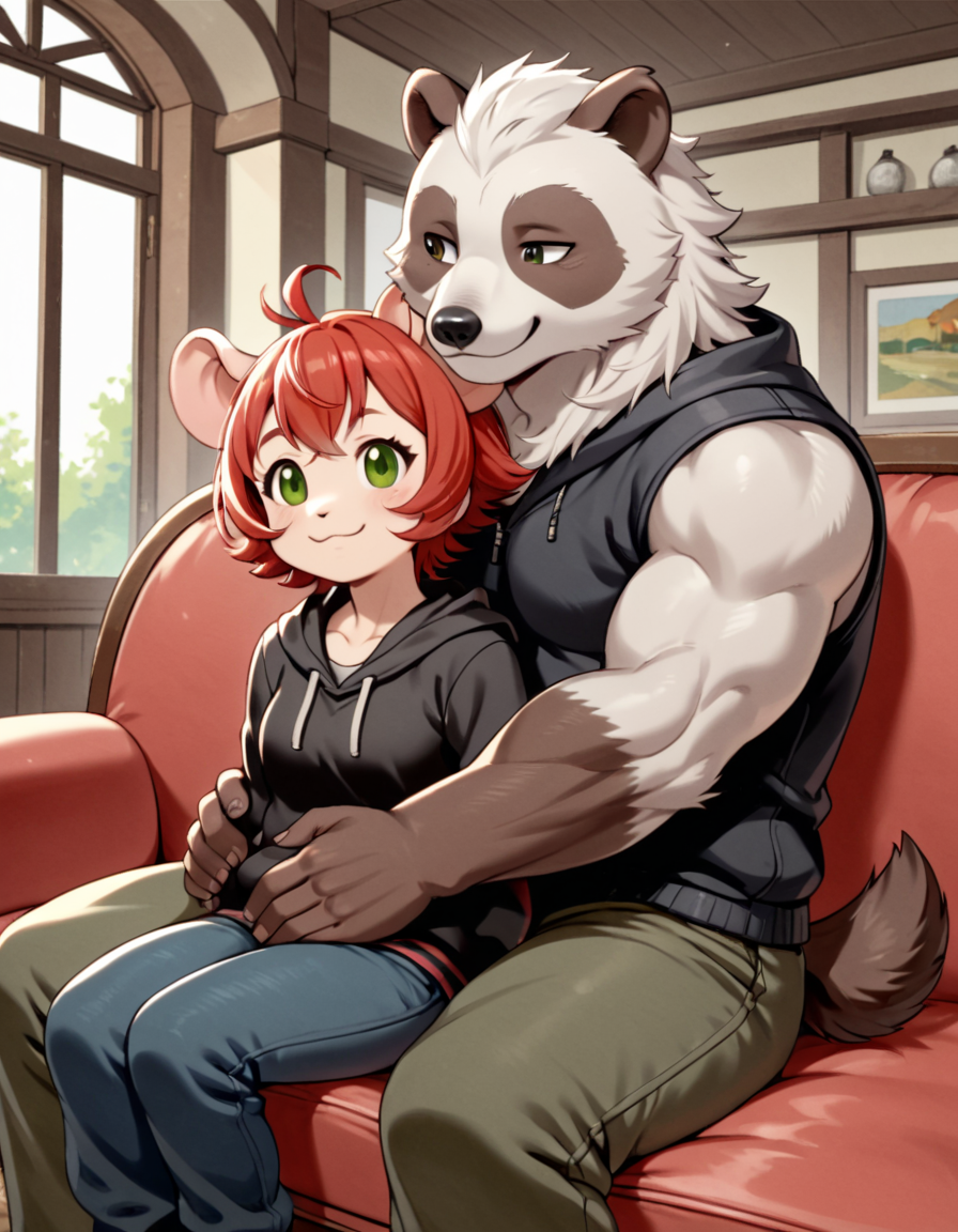 score_9, score_8_up, score_7_up, (1girl, female mouse, furry, plump, short red hair, tan fur, short torso, cute, green eyes, small breasts, happy), sitting on lap, on a sofa, hugging, in a mansion, black hoodie, black cargo pants,  detailed face, (1boy, male badger, furry, muscular, hip grab, white hair, badger tail)
 <lora:Mononoke_Anime_Style_Lora:1>, mononoke