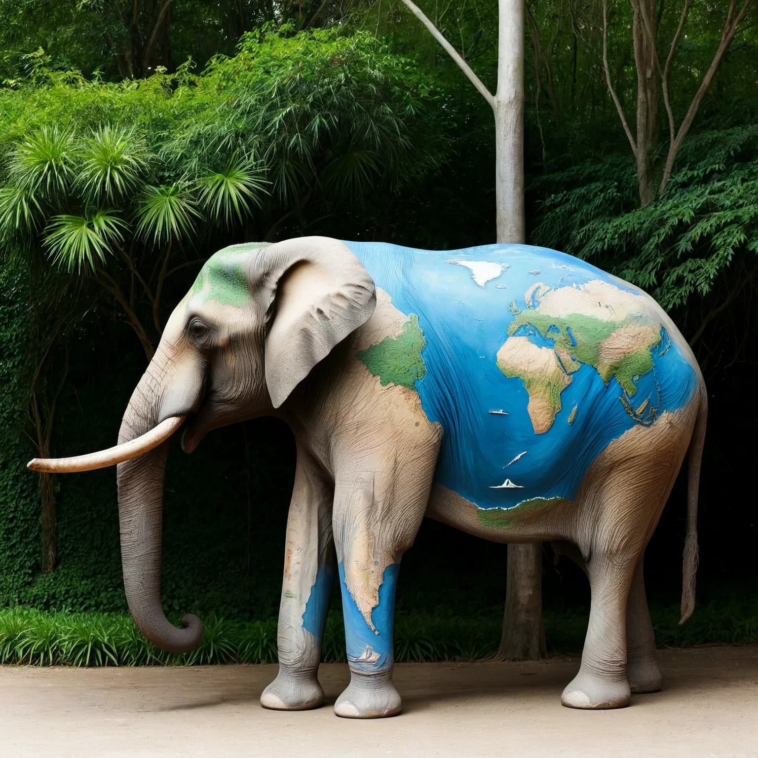 An elephant painted with a map. Viewed from the side. Outdoors. Trees, vines, jungle.

<lora:MapBody01_CE_XL_240-OT:0.6> mpbdyCE_style