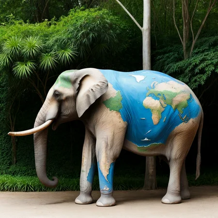 An elephant painted with a map. Viewed from the side. Outdoors. Trees, vines, jungle.
<lora:MapBody01_CE_XL_240-OT:0.6> mpbdyCE_style