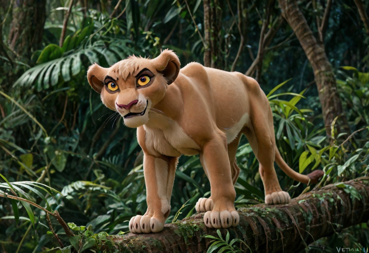 score_9, score_8_up, realistic, toony, solo, 1girl, Vitani, textured fur, feral, lioness cub, furry female, feral, yellow sclera, purple yes, evil smile, jungle