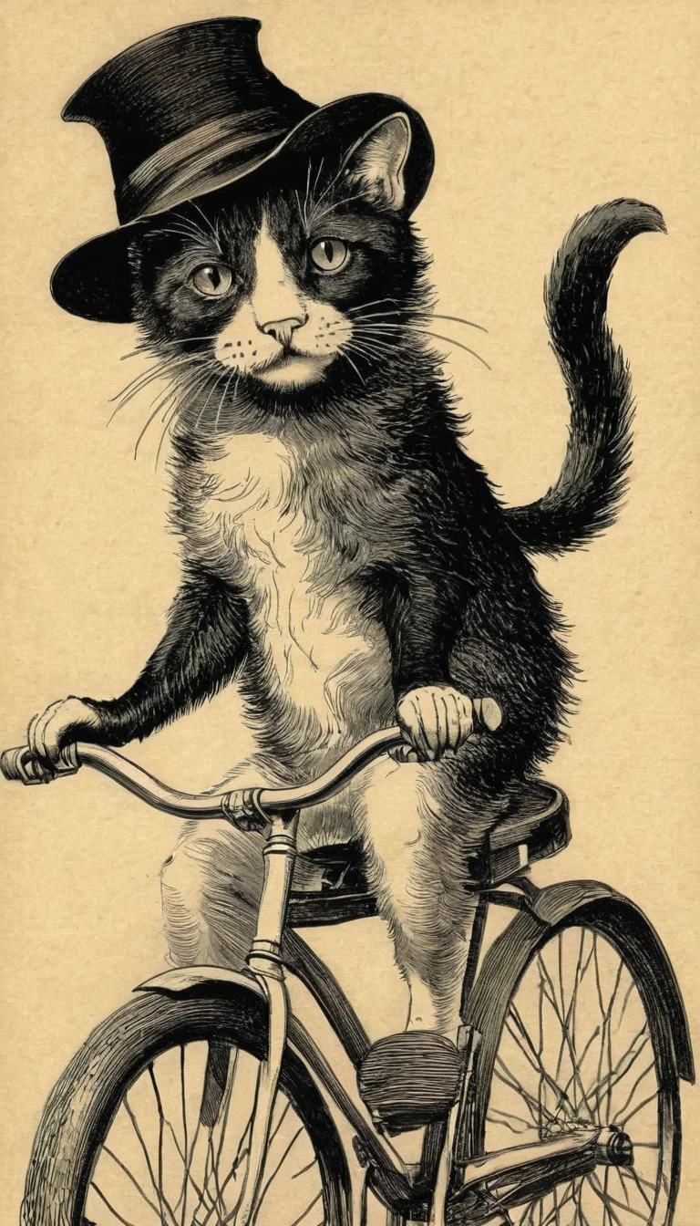 cat in a hat on a bike <lora:vntg-line-art-v2:1> vntg, line-art