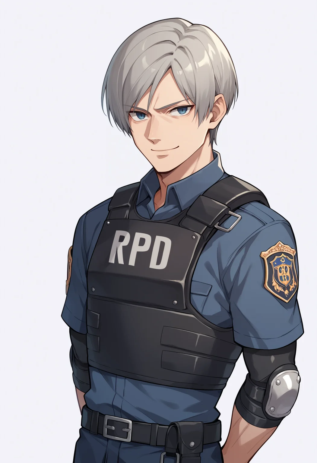 score_9, score_8_up, score_7_up, score_6_up, score_5_up, score_4_up, BREAK, source_anime,
1boy, leonkennedy, grey hair, short hair, belt, police uniform, bulletproof vest, fingerless gloves, blue shirt, elbow pads, long sleeves,
hands behind back, smile, upper body, looking at viewer, solo, simple background, white background <lora:LeonKennedyXL:1>