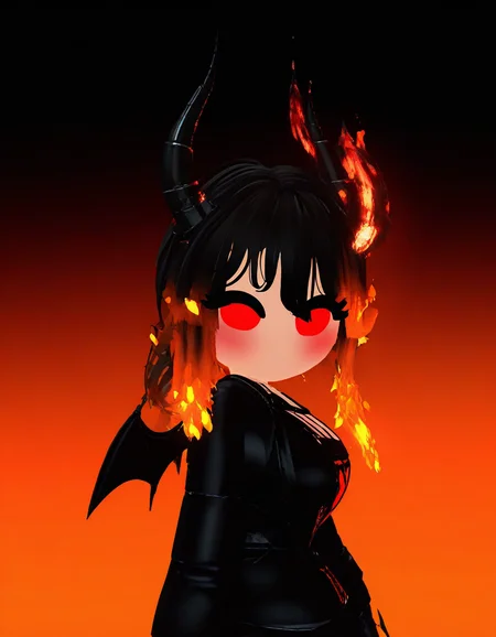3d,solid circle eyes, red eyes, no mouth, blush, black hair, 1girl, [tall], upper body, multicolored hair, black hair, orange hair, black demon horns, (fire), bat wings, burning horns, black outfit, side view, close-up, looking at viewer, medium breasts, black background, orange background, gradient background between black and red, simple background