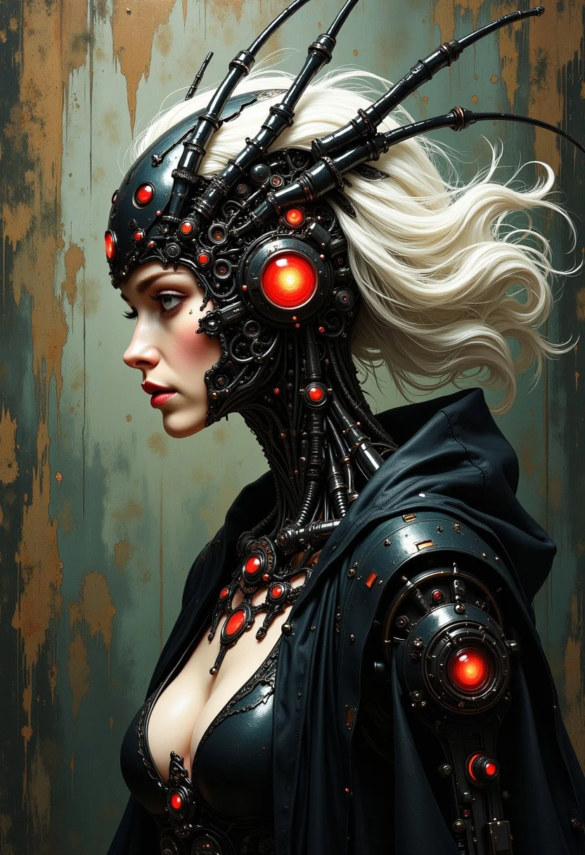 oil art, very detailed analog photo, atmospheric lighting and epic,(((faded colors))), fine grain, by H. R. Giger, White glowing hair, Portrait of a female with no Face and no eyes, billowing hair, and billowing feathered cloak, The female's head is adorned with a living, biomechanical crown that curves symmetrically backward. This ornate headdress is composed of glossy black exoskeleton-like segments, each topped with a bright red sphere that creates a hypnotic pattern of black and red. Similar biomechanical structures extend down the creature's neck and chest, forming an intricate organic necklace. neon and black colored, mysterious, abstract and surreal, organic background,medium breasted, high tech bra, Half-Turn Rear View,