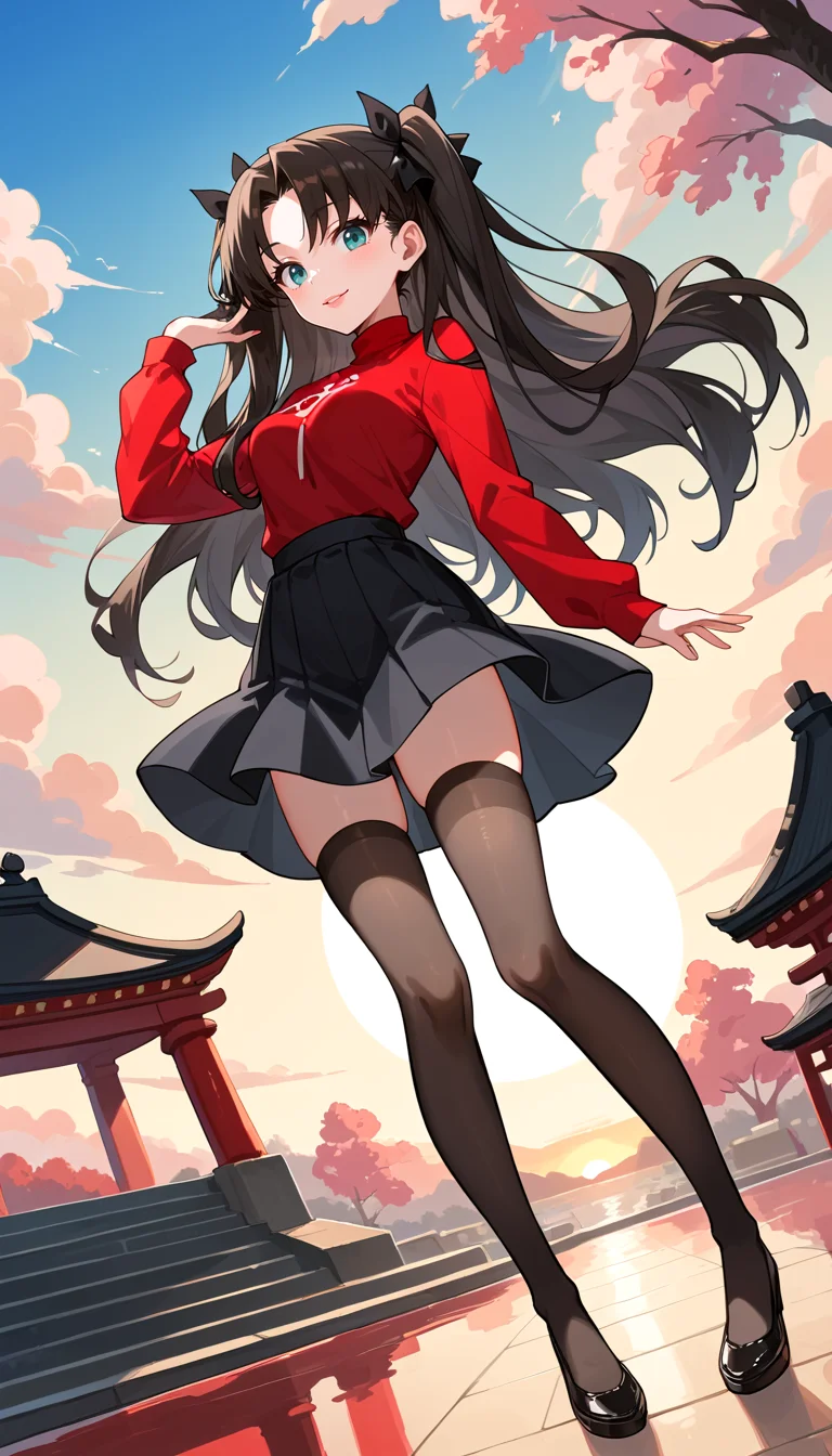 score_9, score_8_up, score_7_up, Anime Style, Full Body Shot, Rin Tohsaka, cute, seductive, innocent, light smile:0.3, plump lips, slender body, aqua eyes, long wavy black hair, twin tails tied with black ribbons, red turtleneck, black skirt, long black stockings under brown leather flats, sunset, buddhist temple background, depth of field, dynamic angle, fashion photography, sharp, hyperdetailed:1.15