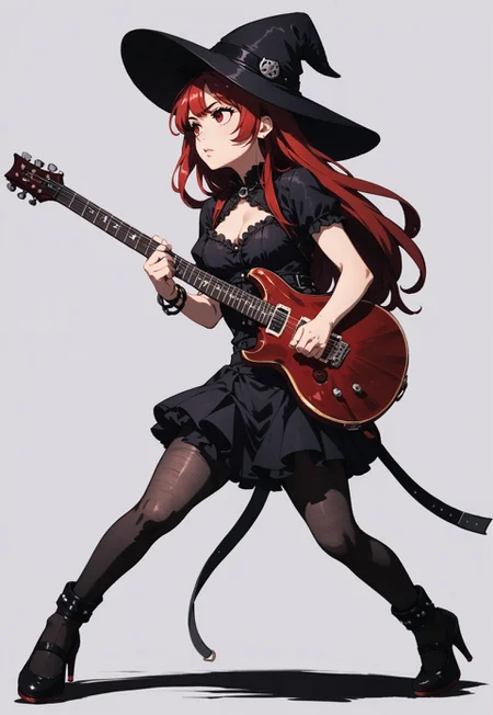 safe_pos, 1girl, red hair, long hair, red eyes, black witch hat, black short sleeve blouse, black short frill skirt, black pantyhose, high heels,
full body, stand, simple background, medium breasts,
score_9, score_8_up, score_7_up,
playing electric guitar, f-hole electric guitar, <lora:prs-se-pony:0.9>