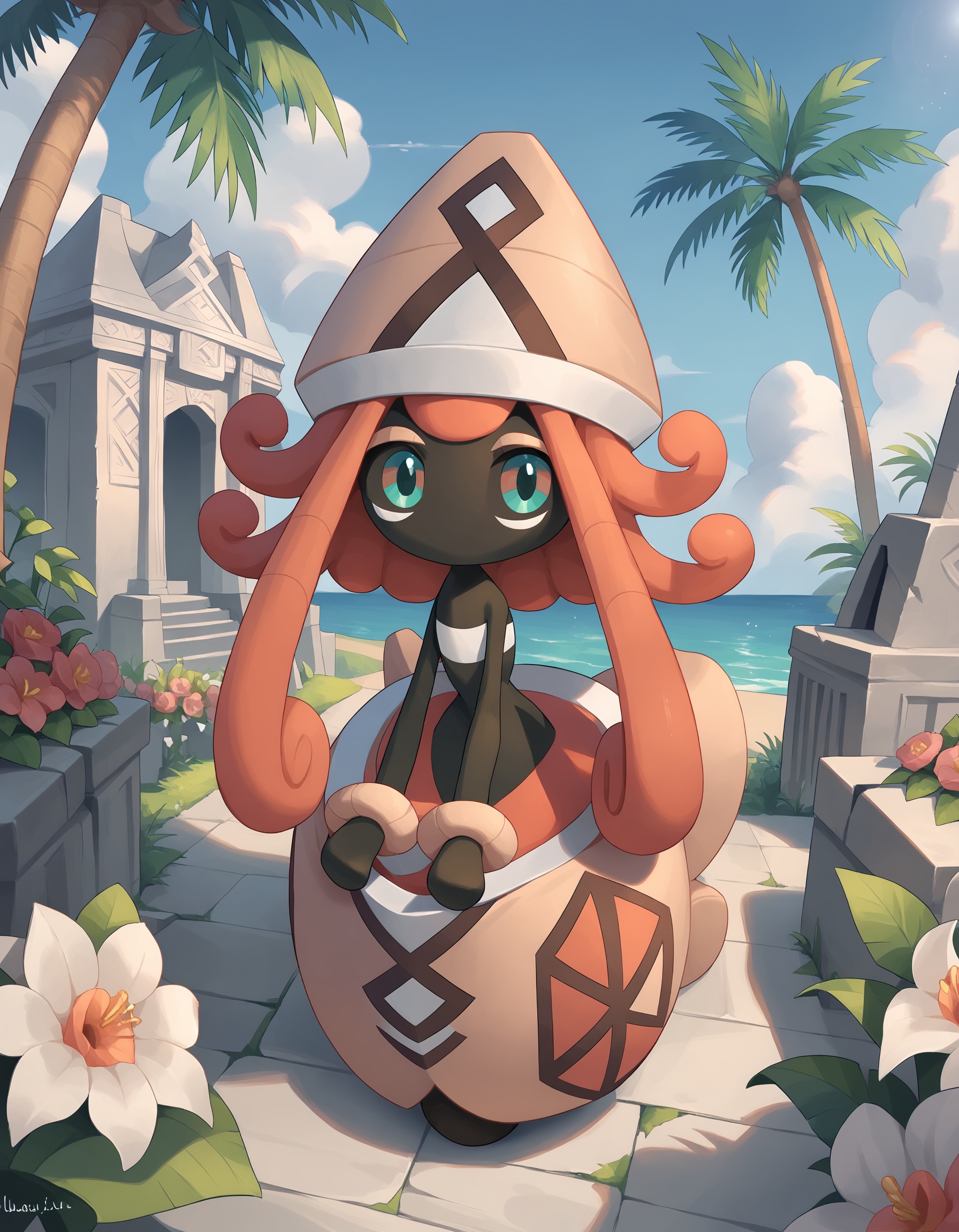 score_9,score_8_up,score_7_up, Tapu Lele, pokemon \(creature\), full body, aqua eyes, multicolored eyes, hat, looking at viewer, temple, flower field, palm trees, , <lora:cefaa866-a58e-40ba-a219-79ab392f7d60:1.0>, <lora:b1499d8a-fcd6-4ecb-a126-16d2070f689f:0.9>