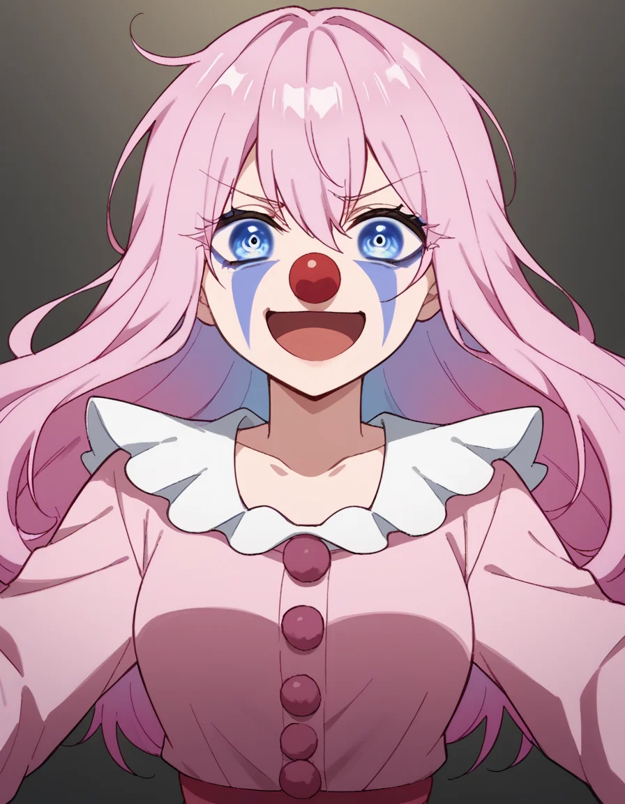 score_9, score_8_up, score_7_up, source_anime, <lora:miyako-shikimori-s1-ponyxl-lora-nochekaiser:1>, miyako shikimori, long hair, blue eyes, hair between eyes, pink hair, medium breasts,, <lora:clown-ponyxl-lora-nochekaiser:1>, clown, makeup, clown nose, facepaint, gloves, long sleeves, frills, dress,, smile, open mouth, smug, , dutch angle, cowboy shot