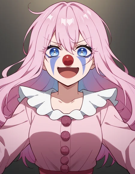 score_9, score_8_up, score_7_up, source_anime, <lora:miyako-shikimori-s1-ponyxl-lora-nochekaiser:1>, miyako shikimori, long hair, blue eyes, hair between eyes, pink hair, medium breasts,, <lora:clown-ponyxl-lora-nochekaiser:1>, clown, makeup, clown nose, facepaint, gloves, long sleeves, frills, dress,, smile, open mouth, smug, , dutch angle, cowboy shot