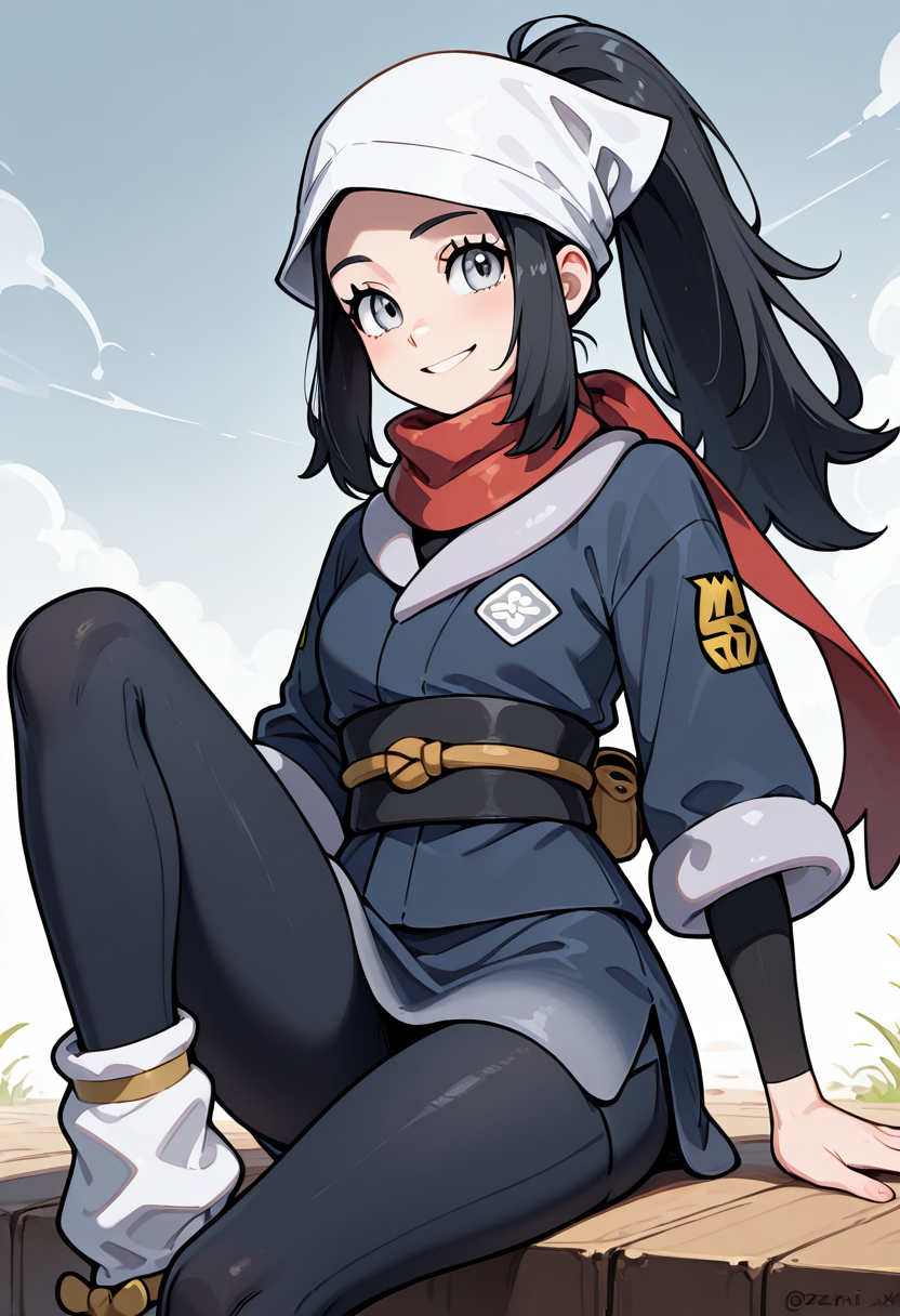 masterpiece, best quality, 1girl, solo, eyelashes, (beautiful eyes),     zzAkari, grey eyes, eyelashes, black hair, long hair, white headwear, sidelocks, ponytail,  black pantyhose, black undershirt, jacket, loose socks, pantyhose, red scarf, sash, smile,   , <lora:AkariPokemon_IXL_v2:1.0>,