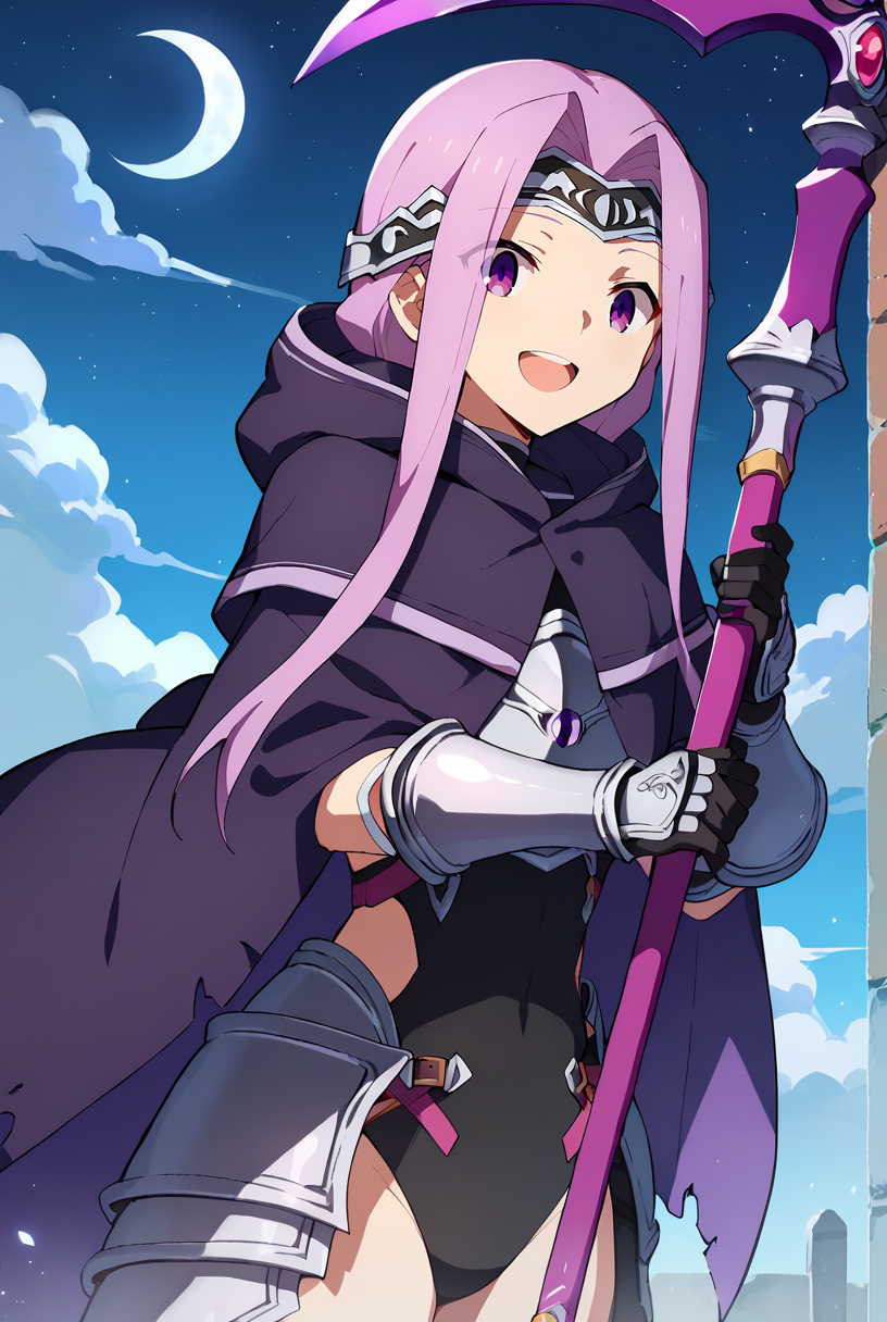 score_9, score_8_up, score_7_up, source_anime,
<lora:FateGrandOrder_AnaMedusaXL:0.8>, AnaFGO,
1girl, open mouth, smile, upper teeth only,
lavender hair, long hair, hair intakes, purple eyes,
hooded cloak, black leotard, armor, gloves, scythe,
looking at the viewer,
outdoors, night, moon, fog