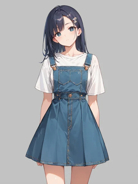 score_9, score_8_up, score_7_up,source_anime, high res image,masterpiece,best quality,girl,cute face,clear skin,shiny hair,ultra detailed eyes,simple background <lora:salopette_pony_V1.0:0.8> salopette, overall skirt