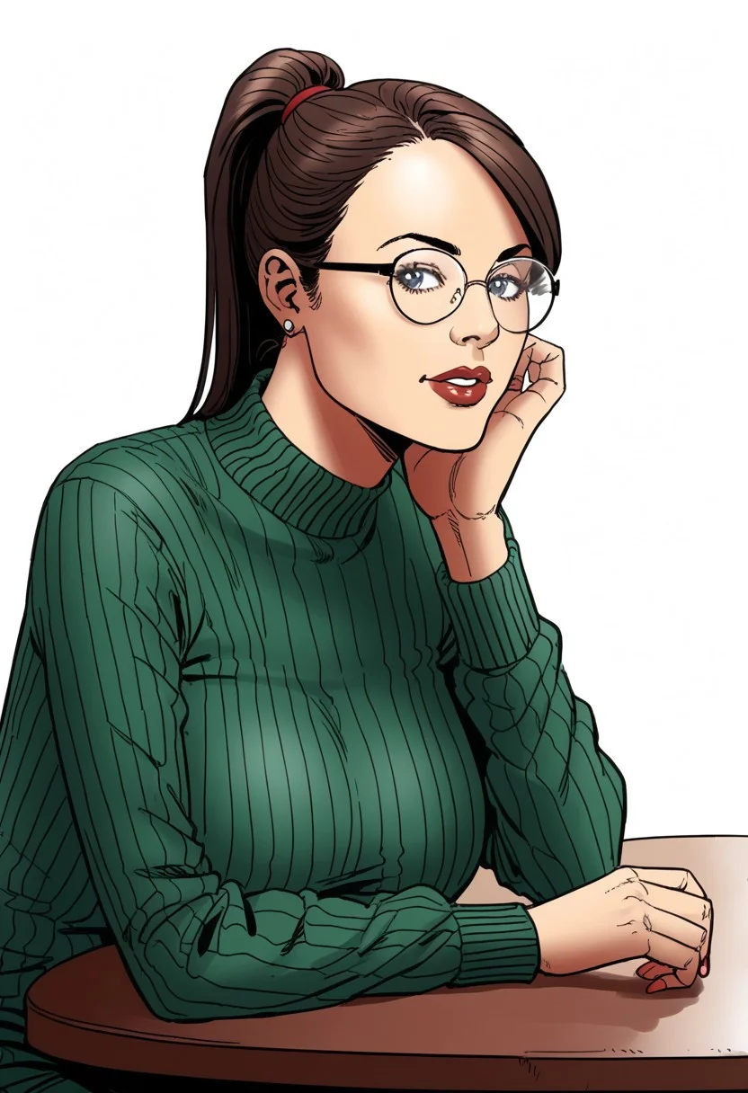 1girl
score_9, score_8_up, score_7_up, score_6_up, full frame image, side view, (chiaroscuro lighting) source_cartoon, f3rn4nd0, (line art) , dynamic view,
pov portrait, solo, 22yo girl, girl sitting at a table in a restaurant, ponytail, petite, sweater, (firm shapely breasts:1.1), Expressiveh, nerd, round glasses, breast rest on table, large breasts
Full frame image. White background