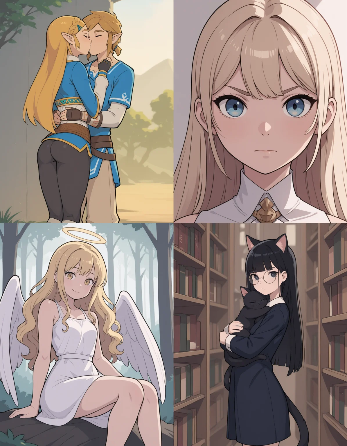 https://civitai.com/articles/8642 __ 1st image: masterpiece, best quality, 1girl, 1boy, princess zelda, the legend of zelda: breath of the wild, standing, kiss, hug, closed eyes, outdoors __ 2nd image: masterpiece, best quality, 1girl, face, portrait, looking at viewer, closed mouth __ 3rd image: masterpiece, best quality, 1girl, solo, blonde hair, wavy hair, angel, angel wings, halo, smile, sitting, forest, white dress __ 4th Image: masterpiece, best quality, 1girl, solo, long hair, black hair, blunt bangs, straight hair, round eyewear, cat girl, cat ears, cat tail, standing, hug, cat, looking at viewer, library