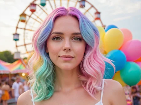 A headshot photo of a female model with pastel rainbow hair in loose waves, wearing a white sundress. A colorful carnival background with Ferris wheels and balloons.