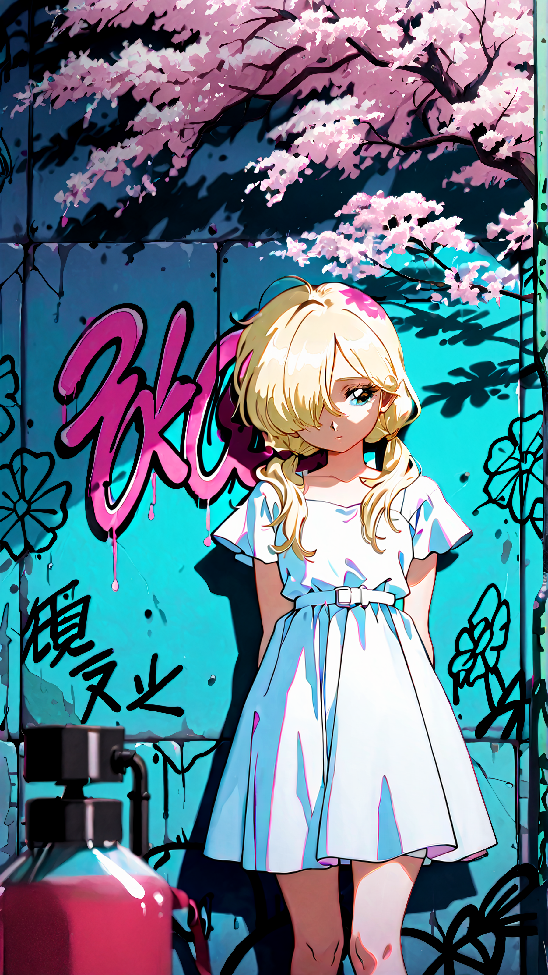 masterpiece, newest,absurdres,incredibly absurdres, best quality, amazing quality, very aesthetic, volumetric lighting, 
1girl, graffiti wall, white dress, blue, green, old cherry tree, despair, blonde, long hair, low twintails, blurry foreground, hair over one eye, 
<lora:hrn_yc:1> hr2_yc_illu, 1990s (style)
