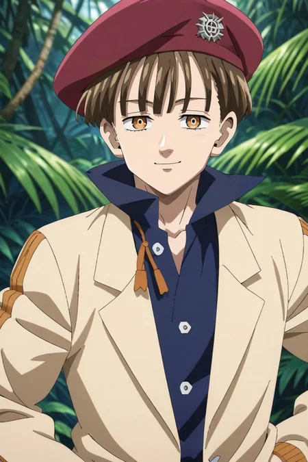 score_9, score_8_up, score_7_up, source_anime, rating_safe, intricate details, anime screencap, , official style, looking at viewer, depth of field, 1boy, solo, male focus, <lora:nasiens_nnt_mny_pony:0.98>, nasiens_nnt_mny, brown hair, brown eyes, short hair, bangs, hat, close-up, jungle, dark, hand on hip, half-closed eyes, smile, pants, beret, <lora:sdxl_lightning_8step_lora:1>