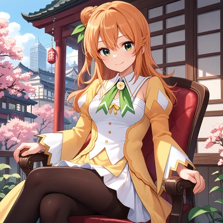 score_9, score_8_up, score_7_up, score_6_up, score_5_up, score_4_up, BREAK source_anime, look at viewer, rating_safe, 1girl, solo, city, cherry blossom, smiling, sitting, chair, crossed legs, masterpiece, best quality, high detailed skin, hinatsuki mikan, single hair bun, long hair, orange hair, green eyes, magical girl, leaf hair ornament, long sleeves, neck ribbon, yellow dress, green bow, juliet sleeves, white skirt, waist cape, miniskirt, black pantyhose,