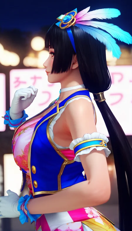 score_9,score_8_up,score_7_up,<lora:naotorali-000080:0.7>,
naotora li,1girl,solo,
pop idol,idol vest,floral print,tight clothing,armband,white gloves,white choker,jewelry,
black hair,blunt bangs,long hair,low twintails,twintails,blue hair ornament,feather hair ornament,blue hairband,golden scrunchie,
brown eyes,looking at viewer,closed mouth,
cleavage,big breasts,mole on breast,upper body,
outdoors,night,lamp,palm tree,festivale,shop,(A festive scene with colorful lights strung along a wire,twinkling against a dark night sky),vignetting,blurry background,
portrait,front view,