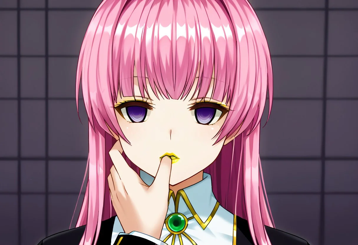 anime, one girl, empty eyes, hypnotized, lipstick, red lipstick, yellow lipstick, green lipstick, blue lipstick, purple lipstick, black lipstick, long hair, expressionless, purple eyes, pink hair, finger in mouth