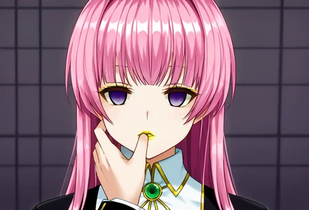 anime, one girl, empty eyes, hypnotized, lipstick, red lipstick, yellow lipstick, green lipstick, blue lipstick, purple lipstick, black lipstick, long hair, expressionless, purple eyes, pink hair, finger in mouth