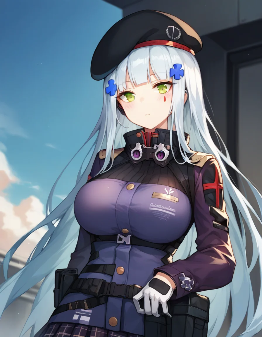 score_9,score_8_up,score_7_up,score_6_up BREAK official art,solo,outdoors,upper body,(portrait:1.5),looking at viewer,facing viewer,expressionless,blush,hk416 (girls' frontline),hat,beret,black headwear,very long hair,white hair,x hair ornament,sidelocks,blunt bangs,green eyes,facial mark,teardrop,military jacket,purple jacket,clothes writing,uniform,white gloves,long sleeves,german flag,large breasts,skindentation,pouch,miniskirt,black skirt,pleated skirt,plaid skirt,thighs,zettai ryouiki,black thighhighs,thigh holster,black footwear,<lora:HK416(gf)-Pony:1.3>,