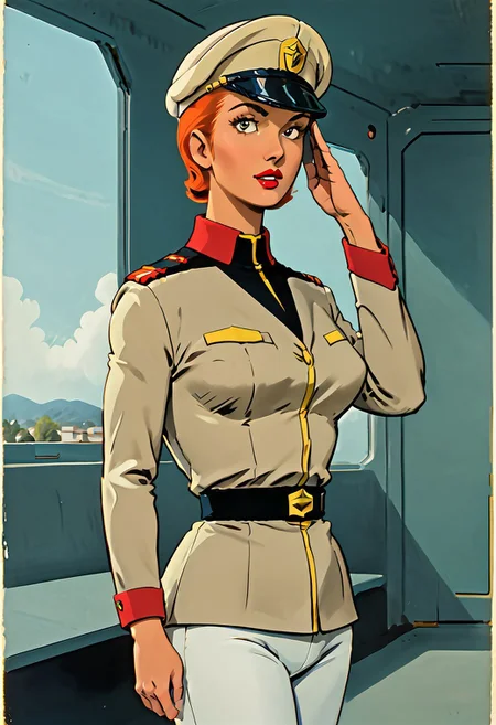 solo, looking at viewer, looking at me, spaceship interior, window, beach landscape, indoors, decarloxl, retro colors, 60s, 1girl, solo, FGMatildaAdjan, brown eyes, short hair, hair slicked back, orange hair, lipstick, breasts, military uniform, tan jacket, belt, white pants, peaked cap, tan headwear, salute