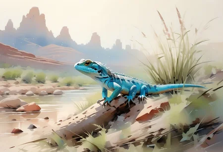 close up, macro photography of a turquoise lizard on the river bank, several tones of blue scales, red grainy rocks, soft and delicate grass, small peebles, soft stones, navajo sacred land, blazing sunset, etheral landscape, watercolor, deep tones, oil and watercolor painting