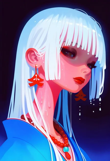 , closeup portrait of Japanese shrine maiden, realistic skin details, white hair, long loose hair, wet hair, dripping, bangs, earrings, necklaces, red and blue yukata, dark eyeshadow, red lips, realistic photography, very awa ,masterpiece, best quality, very aesthetic, absurdres, haiz_ai, no lineart,no outline,