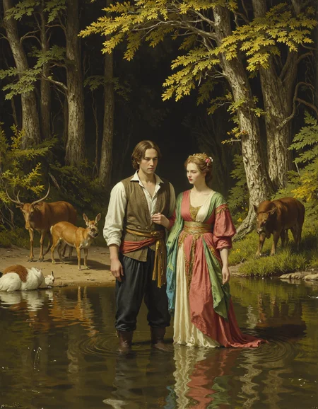 Rembrandt style This image is a highly detailed, surrealistic digital painting with a fantasy theme a painting of a woman and a man in the water, surrounded by animals and trees in the background. The woman is standing in the shallow water, with the man standing beside her, and the trees providing a lush backdrop. The colors are vibrant and the details are intricate, creating a beautiful and captivating scene., <lora:FluxMythR3alisticF:1> . Baroque, chiaroscuro, realistic, emotional, "flat lighting
