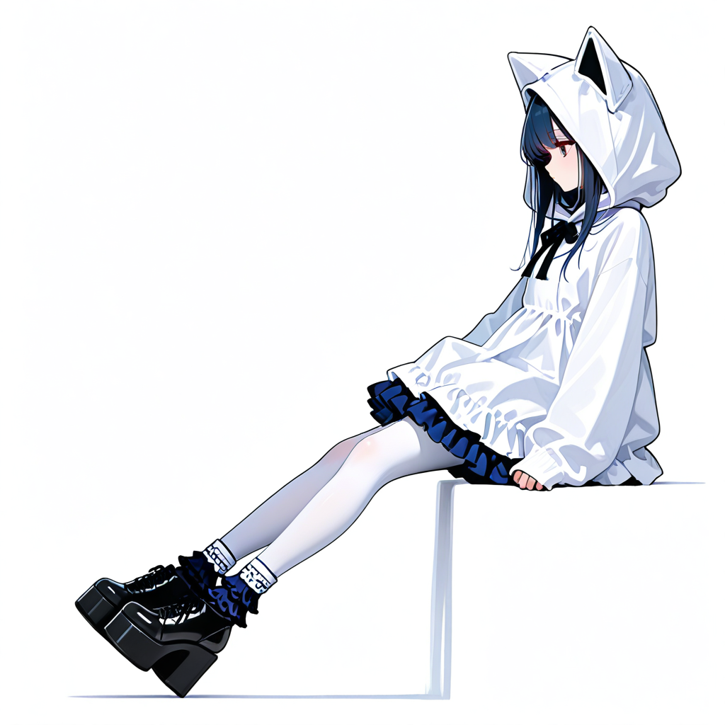 white dress, ((white pantyhose, white Hood, bustle skirt, sleeves past wrists, dark blue frilly socks)), oversize high platform shoes,