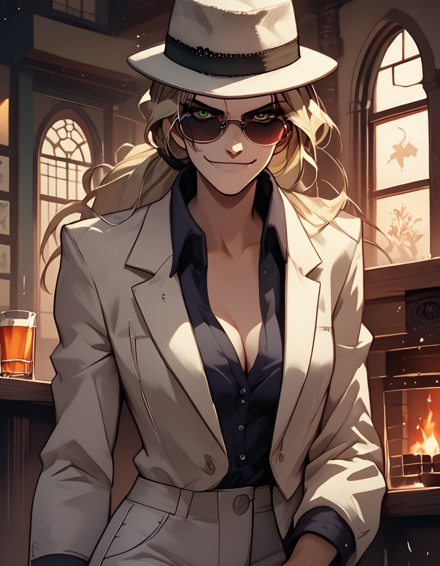 detectiveconan, score_9, score_8_up, score_7_up, score_6_up, source_cartoon, partierbetherz, 1woman, fedora, sunglasses, BREAK,
standing, leaning, on a bar counter, smirk, head tilted up, green eyes, fireplace, looking at viewer, looking over eyewear, far away shot