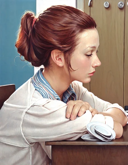 norman rockwell style, detailed brushstrokes BREAK 1girl, solo, sitting on chair at kitchen table, shoulder-length hair, face, close up, facing the side, arms crossed, (button-down shirt:0.75), rolled-up sleeves