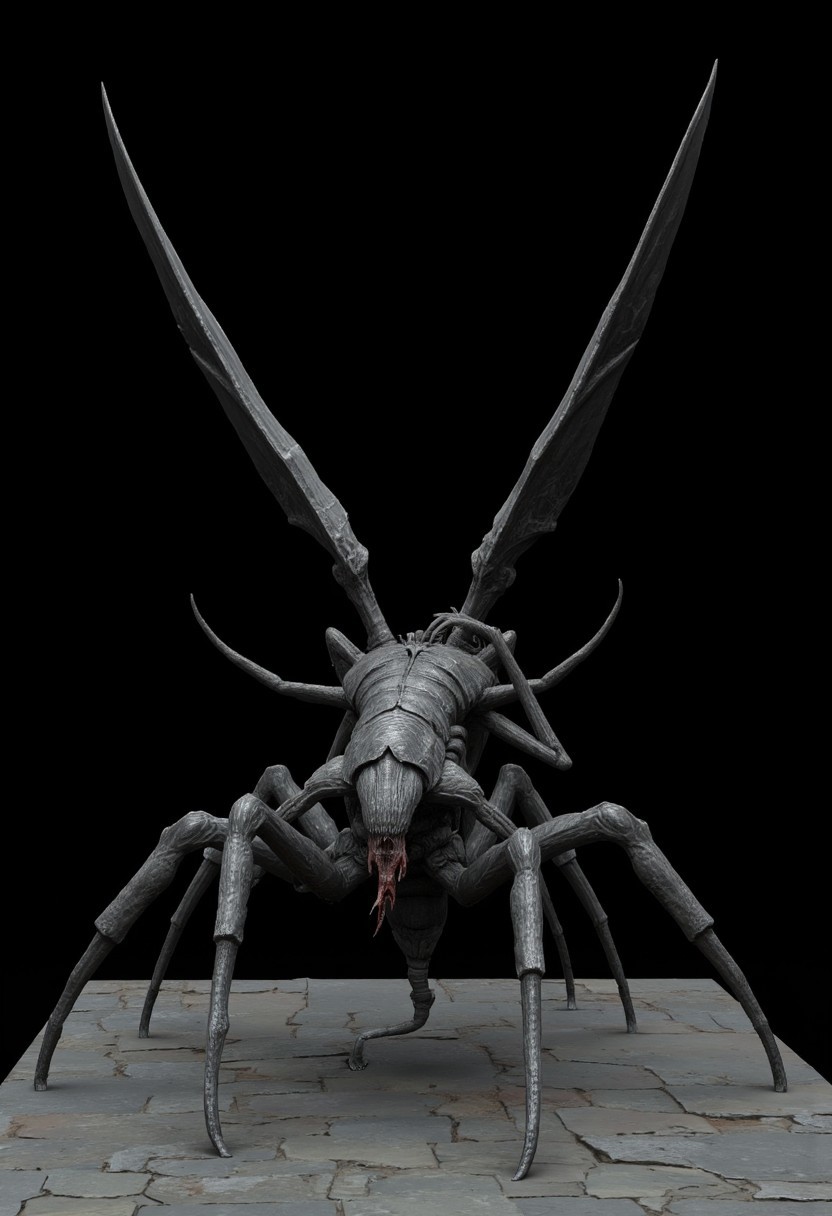 Angelic holy insect in a quadruped hybrid stance 
Standing on a flat gray ground  and black background, the camera angle is high rotated at a 45 degree angle
Set against a solid dark black color background to emphasize its unnatural form that emphasizes its silhouette. The medium is not a traditional painting or illustrative medium like watercolor or ink but rather a digital 3D rendering.
MikeFranchinastyle, bbstyle,, horror theme,, ZBClay model of a gray sculpture, zbrush, d4arks0uls, overcast lighting, jedioutfit